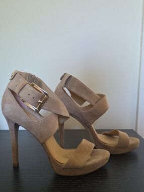 Michael Kors Taupe/Beige Suede High Heel Sandals with Gold Buckle